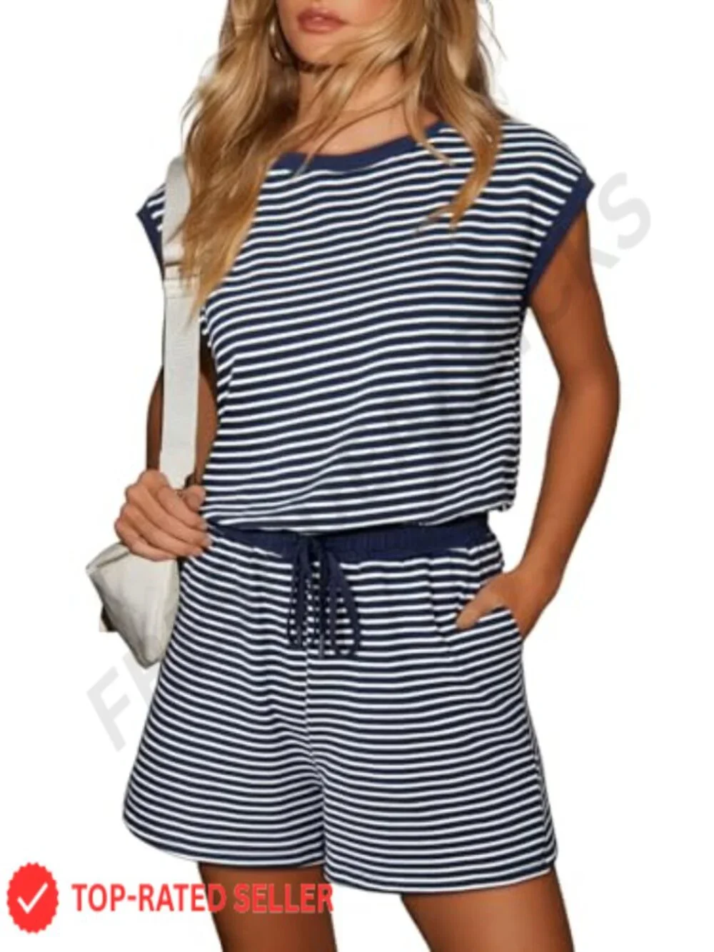 Striped Summer Romper 95% Cotton Sleeveless Adjustable Drawstring Waist